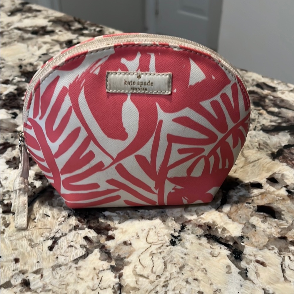 Kate Spade Coral and Cream Leaf Print Pouch